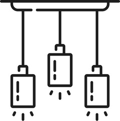 Pendant LED lamps or ceiling spotlights line icon, light fixture and illumination in vector outline. Hanging spot lamps or spotlight lanterns for home interior, night illumination and room lighting