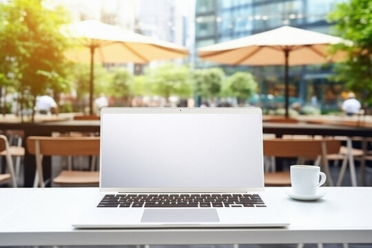 Laptop with blank screen and coffee cup on table in outdoor cafe