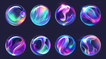The 3d hologram abstract liquid surface collection consists of cosmic cosmic light planet logo elements. Round iridescent holographic holographic texture space neon icons. Bright rainbow color - obrazy, fototapety, plakaty