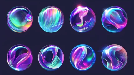 Fotobehang The 3d hologram abstract liquid surface collection consists of cosmic cosmic light planet logo elements. Round iridescent holographic holographic texture space neon icons. Bright rainbow color © Mark