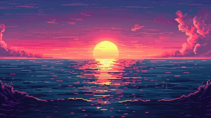 A pixel art rendition of a dither ocean texture, characterized by 8-bit style noise, serves as a backdrop, echoing the vintage aesthetic of retro console games within a vector illustration - obrazy, fototapety, plakaty