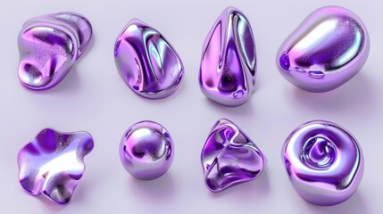 Chrome 3D objects set. Trendy liquid metal elements. Purple glossy abstract shape. Modern illustration in 3D render. - obrazy, fototapety, plakaty