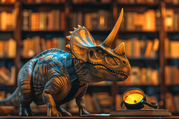 Fototapeta na wymiar Triceratops examining VR gadget, warm lit library background, high-angle, soft-realism render
