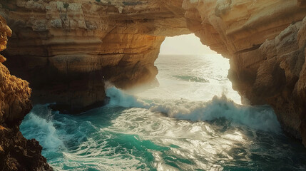 Golden hour casts warm light through a sea arch with waves crashing below, evoking a serene yet...