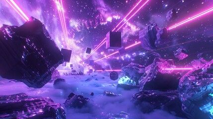 A retro asteroid field video game scene rendered in virtual reality, where purple, pink, and blue lights dash across a digital landscape in a block, cube effect, presented in a 3D render