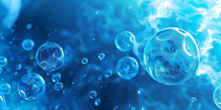 blue background with many spheres and molecules connected by blue lines, blue Atoms molecules background, banner