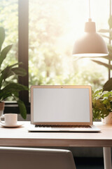 Laptop with blank screen on table in coffee shop,