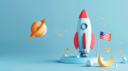 cute rocket in the colors of the American flag standing on a small yellow planet among the starry sky, simple and clean, three-dimensional, Paper art style illustration,  - Powered by Adobe
