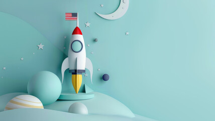 cute rocket in the colors of the American flag standing on a small yellow planet among the starry...