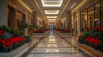 Festive Hallway With Christmas Decorations and Poinsettias