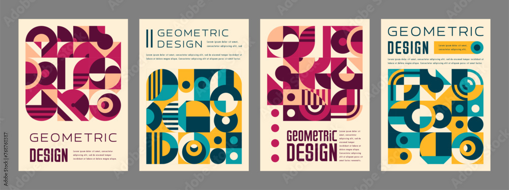 Poster modern abstract geometric pattern posters in yellow, turquoise, maroon and purple, vector cover temp