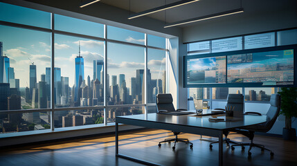 Beautiful  modern office with large windows and a view of the city skyline.