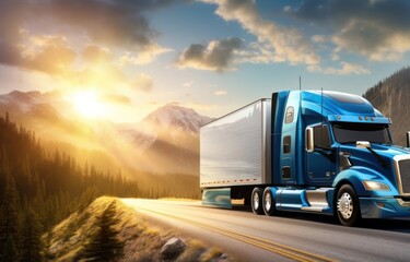 Blue Semi Truck Descending Mountain Road Generative AI - obrazy, fototapety, plakaty