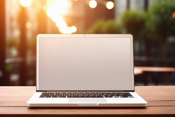 Laptop on wooden table with bokeh light background,