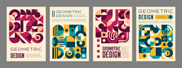 Modern abstract geometric pattern posters in yellow, turquoise, maroon and purple, vector cover template. Retro Swiss or modern Scandinavian pattern with geometric bauhaus shapes and color elements