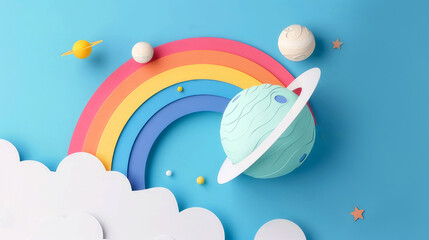 cute rainbow connecting two small planets of the galaxy, simple and pure. cute illustration in paper art style,