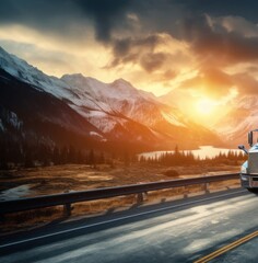 Blue Semi Truck Descending Mountain Road Generative AI