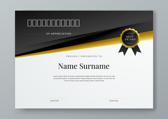 Black gold and white certificate modern elegant and luxury template with shapes. For appreciation, achievement, awards diploma, corporate, and education