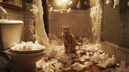 Cat in a Toilette Room with a Mess