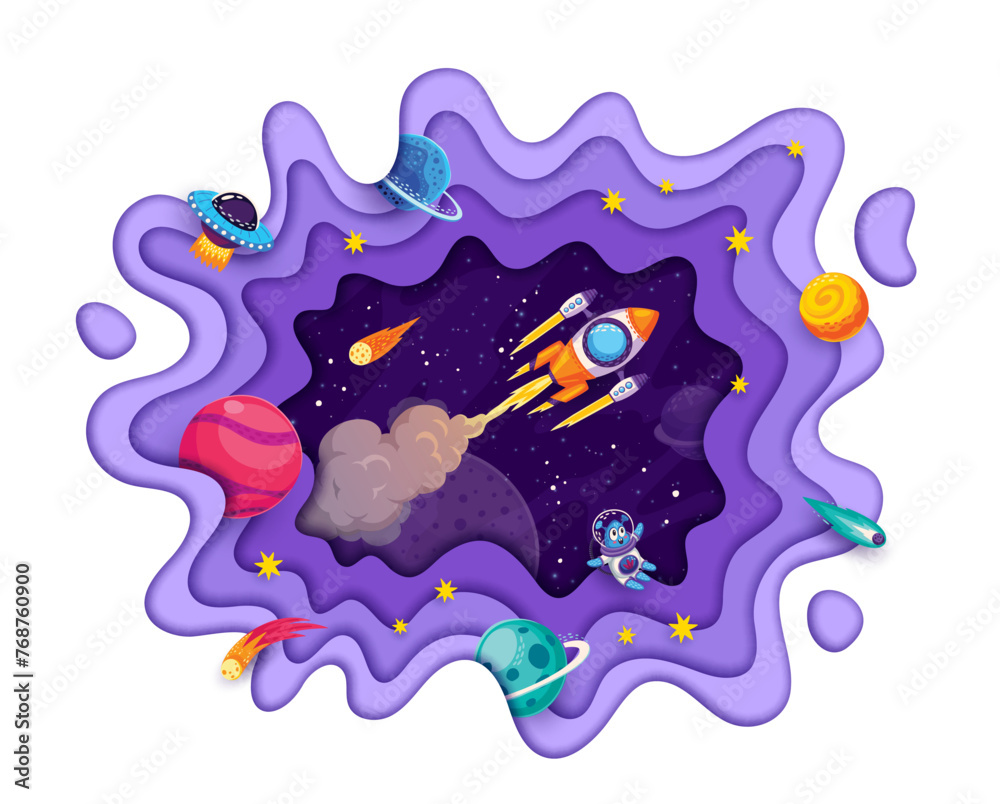 Poster galaxy space paper cut with rocket launch, asteroids, comets and planets, vector background. rocket 