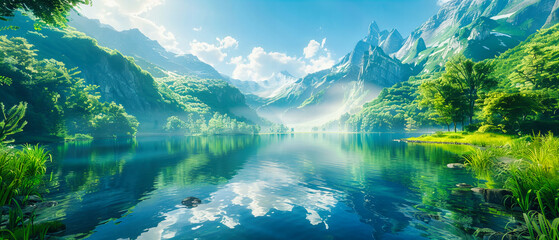 Misty Highlands: A Lake Surrounded by Mountains, An Ethereal Journey Through Natures Quiet - obrazy, fototapety, plakaty