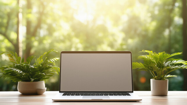Laptop computer with blank screen on wooden desk in front of green nature background .