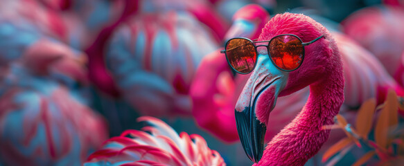 Pink Flamingo in Sunglasses Among Flock