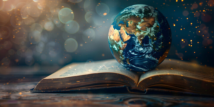 An image of an open book with the earth as the backdrop, symbolizing world book day and international literacy day.