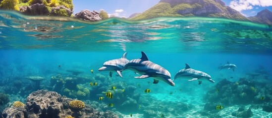 group of dolphins underwater with tropical reef background - obrazy, fototapety, plakaty