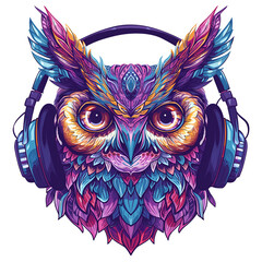 owl wearing headphone sticker with vibrant color 