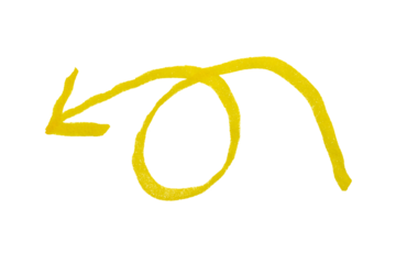 An arrow sign drawn with yellow marker on transparent background
