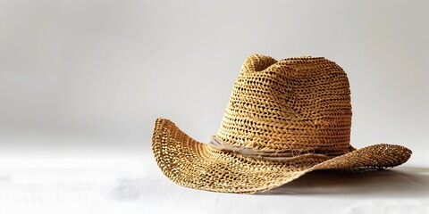 Straw Safari Hat on White Background with Ample Copy Space for Nature Adventure and Concepts