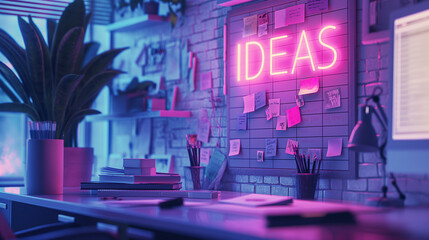 Neon-Lit Creative Office Space with 'Ideas' Inspiration Board