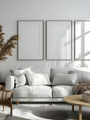 Picture frames on a white wall of living room. Mock up. High quality