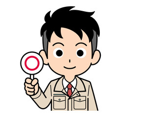 まる札を持つ営業マンの男性