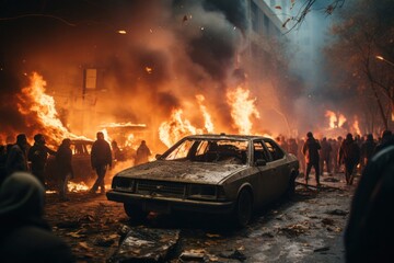 Group of People Surrounding Burnt Car After Riot Generative AI - obrazy, fototapety, plakaty
