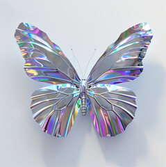 one silver shiny holographic butterfly, white background