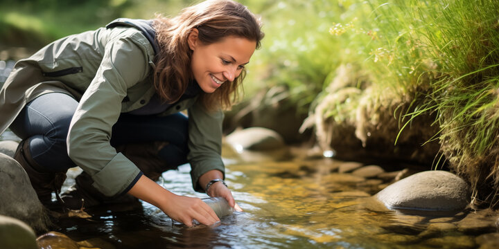 Biologin untersucht die Wasserqualität eines Flusses