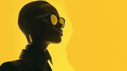 Silhouette portrait of a young African American woman in sunglasses on a yellow background with...