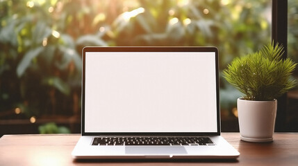 Laptop with blank screen on wooden table with green nature background .