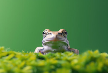 a happy smiling flying frog on moss with a green background in bright colors and soft light