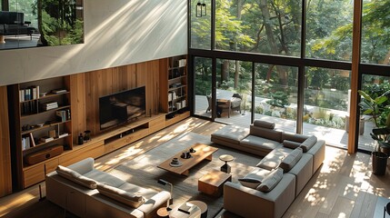 Modern Living Room with Large Windows and Forest View