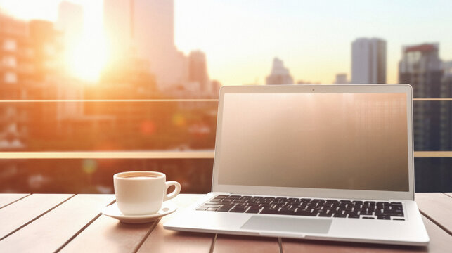 Laptop and coffee cup on the wooden table with cityscape background