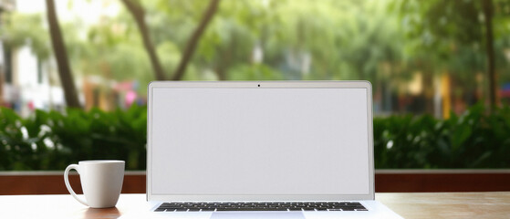 Laptop with blank screen and coffee cup on wooden table in cafe