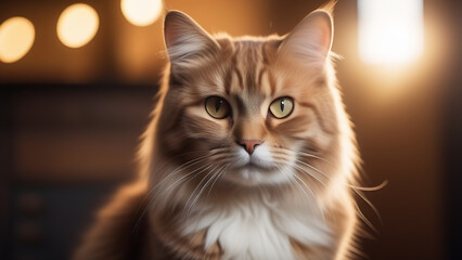 Portrait of a ginger cat with a white chest and yellow eyes on a background with blurred lights. Illustration of a beautiful domestic cat, space for copy, text and advertising. Pet Products Ads