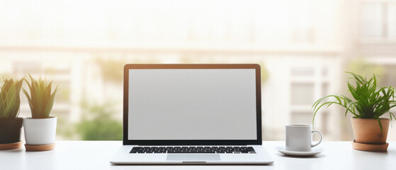 Laptop with blank screen on white office desk with coffee cup and plant .