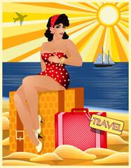 Travel Pinup sexual girl with bag, invitation card, vector illustration