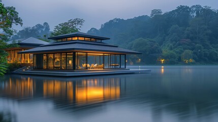 Lakeside Modern House at Dusk with Illuminated Interior