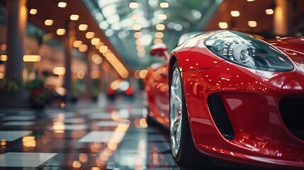 Luxury Red Sports Car Showcased in Showroom - obrazy, fototapety, plakaty