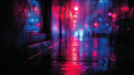 An album cover for an electronic music artist, featuring a neon-colored glass blur effect over a dark, moody cityscape.